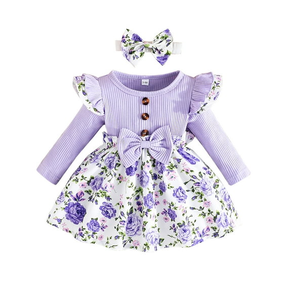 Baby Toddler Girls Autumn A-line Dresses 3 6 9 12 18 24 Months Long Sleeve Round Neck Floral Princess Dress with Headband