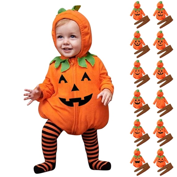 Baby Toddler Girls Boys Pumpkin Long Sleeve Hooded Romper Bodysuit and Long Pants Two Piece Set Unisex Halloween Outfit Dress up Party Clothes Size 6-24M