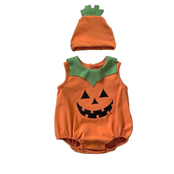 Baby Toddler Girls Boys Pumpkin Unisex Sleeveless Romper with Hats Two Piece Set Halloween Outfit Party Dress up Clothes Size 3-18M