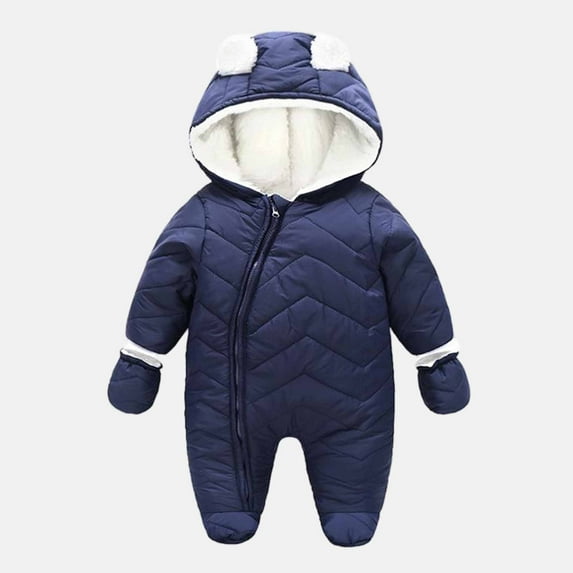 Baby Toddler Girls Boys Winter Hooded Romper Snowsuit Booties Cotton Jumpsuit Outfits Dark Blue 6-9 Months