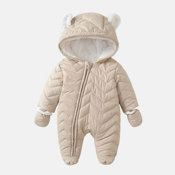 Baby Toddler Girls Boys Winter Hooded Romper Snowsuit Booties Cotton Jumpsuit Outfits Khaki 1-2 Years