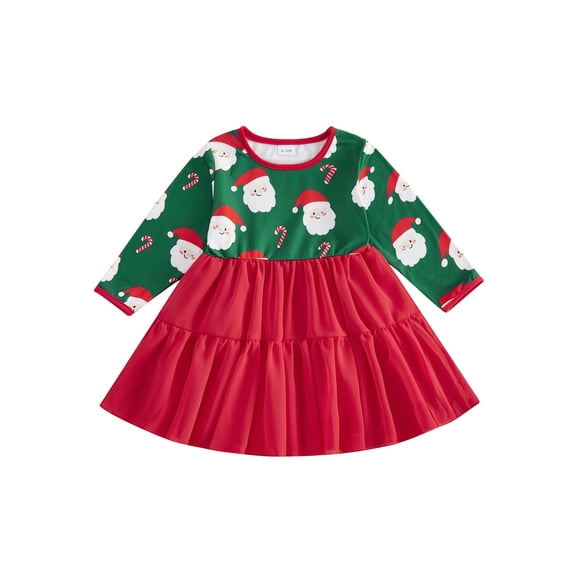 Baby Toddler Girls Christmas Dresses, 6 12 18 24 Months 2T 3T 4T Long Sleeve Dress Crew Neck Santa Claus Print Pleated Patchwork A-line Dress