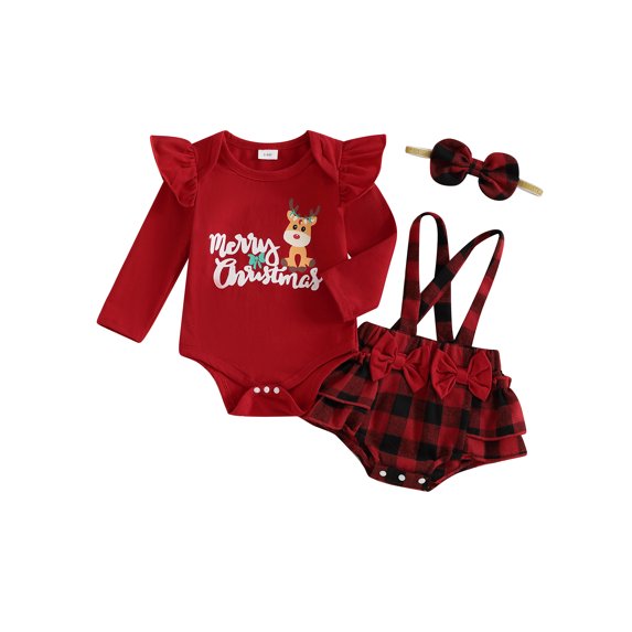 Baby Toddler Girls Christmas Outfit 0 3 6 12 18 Months Letter Print Long Sleeve Romper and Plaid Suspender Skirt Cute Headband 3 Piece Clothes