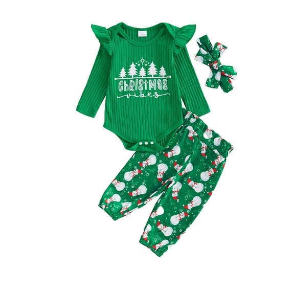 Baby Toddler Girls Christmas Outfit, 0 3 6 12 18 Months Letters Print Romper with Gingerbread Man/Snowman Pants and Headband Clothing Set
