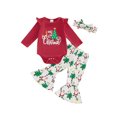 thumbnail image 1 of Baby Toddler Girls Christmas Outfit, 0 3 6 12 18 Months Long Sleeve Letters Print Romper with Tree Santa Flare Pants and Headband Clothing Set, 1 of 9