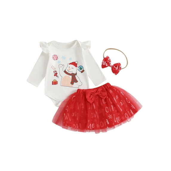 Baby Toddler Girls Christmas Outfits with Bow Headband 3 6 9 12 18 24 Months Bear Pattern Crew Neck Long Sleeve Fall Infant Romper and Skirt Clothing Sets