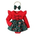 thumbnail image 1 of Baby Toddler Girls Christmas Romper Dress 0 6 9 12 18 Months Long Sleeve Letter Santa Hat Print Romper with Bow Headband, 1 of 9