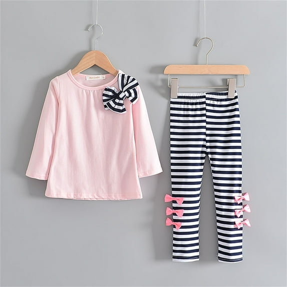 Baby Toddler Girls Clothes Sets Kids Long Sleeve Bow Shirts Tops Stripe Pants Fall Winter Outfits
