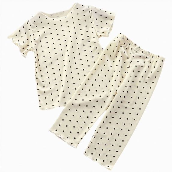 Baby Toddler Girls Clothes Summer Outfits Heart Printed Short Sleeve Tops with Pants 2 Piece Sets Beige 6-7 Years