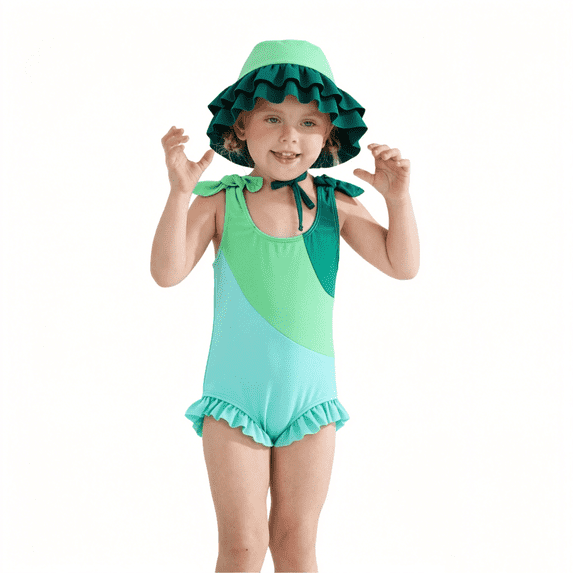 Baby Toddler Girls Color Block Ruffle One Piece Bathing Suit with Ruffle Sun Hat Quick Dry Beach Swim Outfit Size 1-6