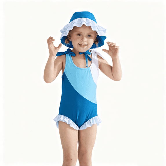 Baby Toddler Girls Color Block Ruffle One Piece Bathing Suit with Ruffle Sun Hat Quick Dry Beach Swim Outfit Size 1-6