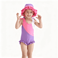 thumbnail image 1 of Baby Toddler Girls Color Block Ruffle One Piece Bathing Suit with Ruffle Sun Hat Quick Dry Beach Swim Outfit Size 1-6, 1 of 8