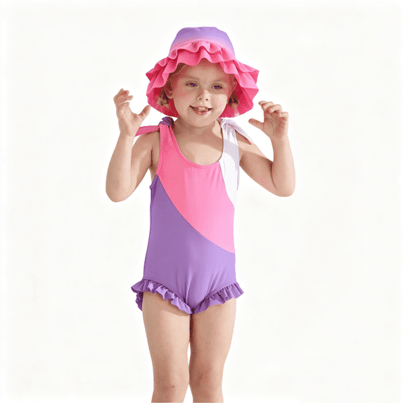 Baby Toddler Girls Color Block Ruffle One Piece Bathing Suit with Ruffle Sun Hat Quick Dry Beach Swim Outfit Size 1-6