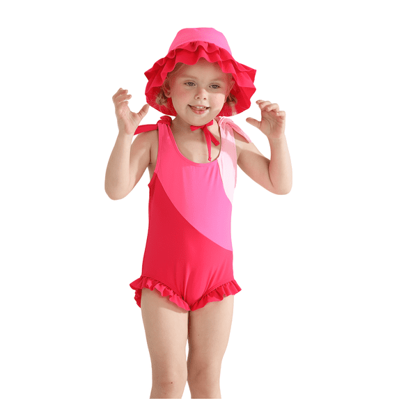 Baby Toddler Girls Color Block Ruffle One Piece Bathing Suit with Ruffle Sun Hat Quick Dry Beach Swim Outfit Size 1-6
