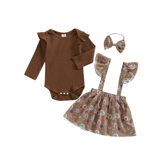 Baby Toddler Girls Dress Set, 0 3 6 12 18 24 Months Long Sleeve Romper Floral Suspender Dress Bow Headband Fall Outfit