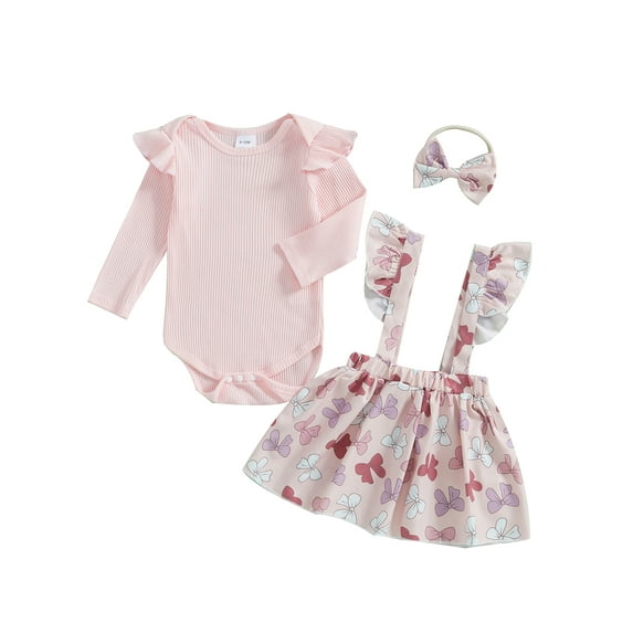 Baby Toddler Girls Dress Set, 0 3 6 12 18 24 Months Long Sleeve Romper Floral Suspender Dress Bow Headband Fall Outfit