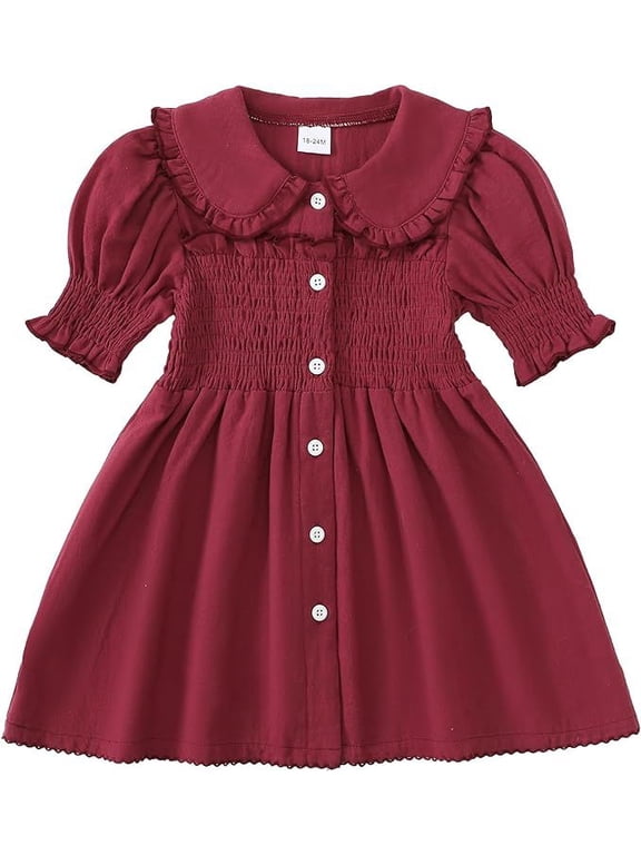 Baby Toddler Girls Dress Short Sleeve Vintage Peter Pan Collar Summer Casual Mini Cotton Linen Dresses- 18-24 M
