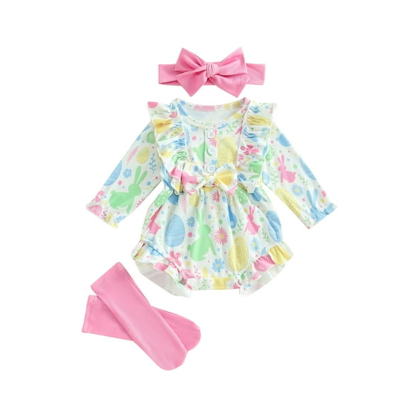 Baby Toddler Girls Easter Outfits 3 6 12 18 Months Egg Print Long Sleeve Ruffled Bow Crew Neck Romper with Headband and Long Socks Set