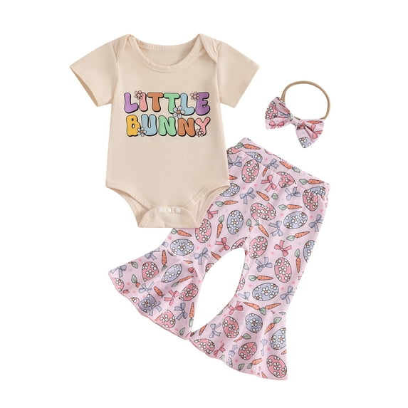 Baby Toddler Girls Easter Outfits 3 6 12 18 Months Long Sleeve Romper + Flare Pants + Bow Headband Set Infant Clothes