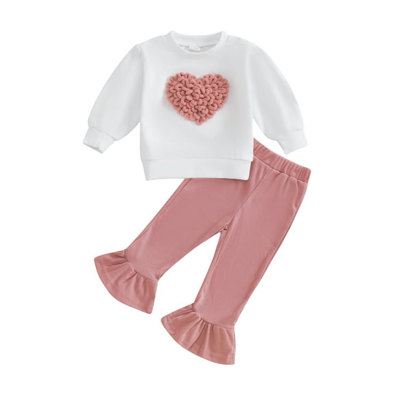 Baby Toddler Girls Fall Clothing Sets 6 12 18 24 Months 2T 3T 4T Heart Pattern Long Sleeve Round Neck Sweatshirt Long Flare Pants Outfits