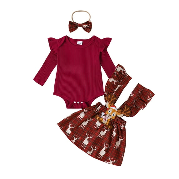 Baby Toddler Girls Fall Outfit 0 3 6 12 18 Months Long Sleeve Romper and Christmas Tree Plaid Print Suspender Skirt Cute Headband 3 Piece Clothes