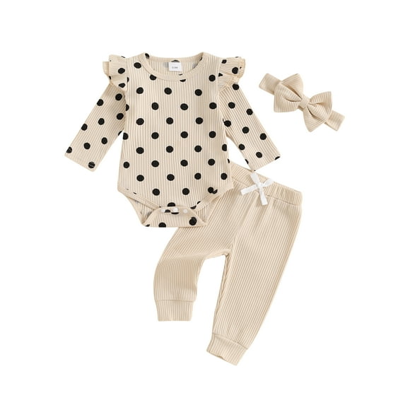 Baby Toddler Girls Fall Outfit, 0 3 6 9 12 18 Months Long Sleeve Dots Print Romper with Pants and Bowknot Headband Clothing Set