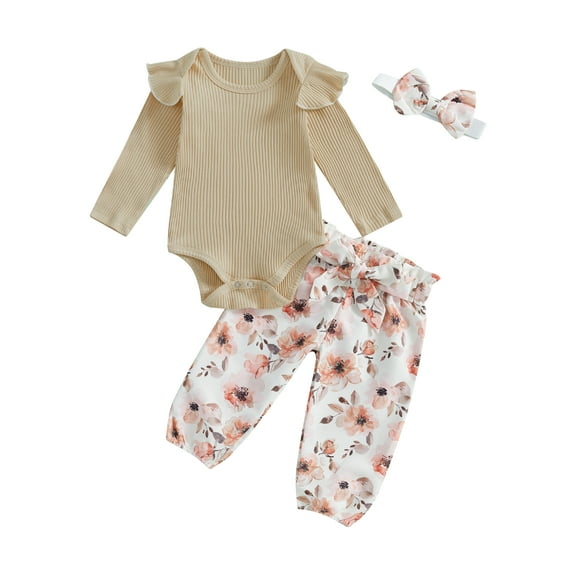 Baby Toddler Girls Fall Outfits 0 3 6 9 12 18 Months Long Sleeve Ribbed Romper + Tie Knot Front Pants + Headband Set Newborn Clothes