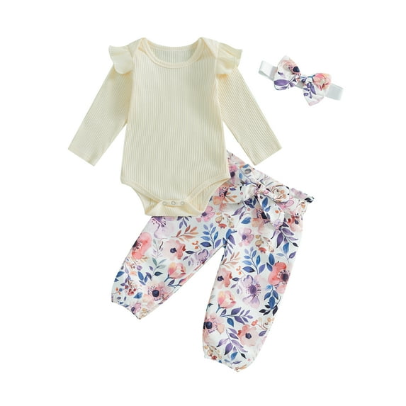Baby Toddler Girls Fall Outfits 0 3 6 9 12 18 Months Long Sleeve Ribbed Romper + Tie Knot Front Pants + Headband Set Newborn Clothes