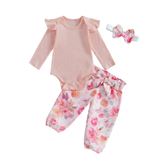 Baby Toddler Girls Fall Outfits 0 3 6 9 12 18 Months Long Sleeve Ribbed Romper + Tie Knot Front Pants + Headband Set Newborn Clothes