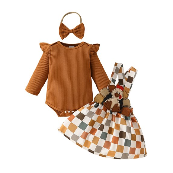 Baby Toddler Girls Fall Thanksgiving Outfit 0 3 6 9 12 18 Months Long Sleeve Romper and Plaid Print Turkey Suspender Skirt Cute Headband
