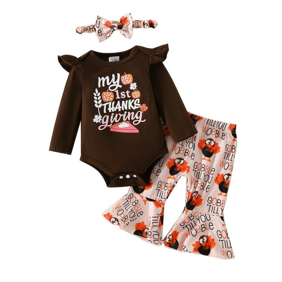 Baby Toddler Girls Fall Thanksgiving Outfits 0 3 6 9 12 Months Letter Print Long Sleeves Romper and Turkey Print Flared Pants Headband Clothing Set
