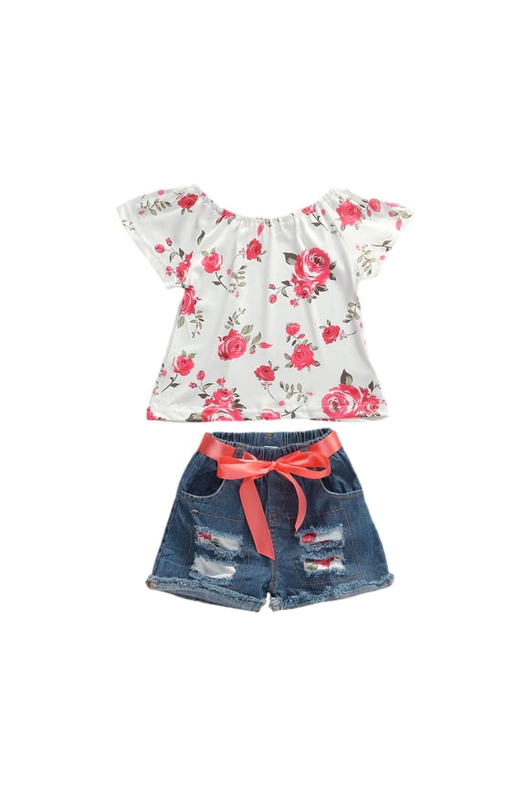 Baby Toddler Girls Floral Short Sleeve Tops T-Shirt Vest Denim Shorts Set Kids 1T 2T 3T 4T 5T 6T Clothes Summer Outfits