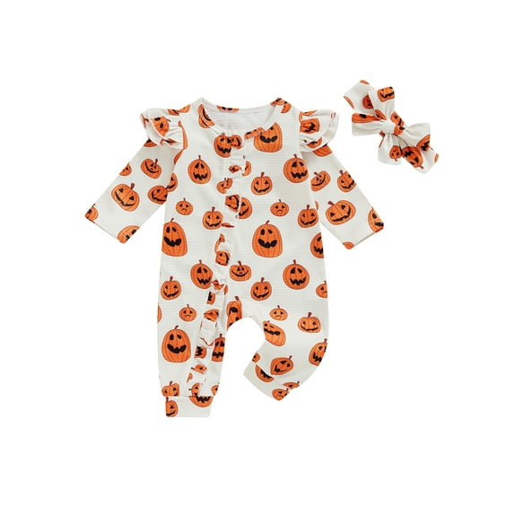 Baby Toddler Girls Halloween Jumpsuit 0 3 6 12 Months Long Sleeve Pumpkin/Cola Cup Print Romper with Headband