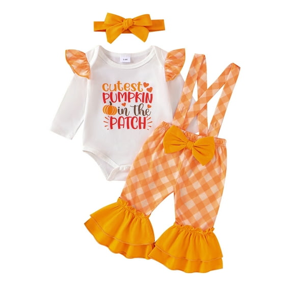 Baby Toddler Girls Halloween Outfits 0 6 9 12 18 24 Months Letter Print Long Sleeves Romper and Plaid Suspenders Flared Pants Headband Clothing Set