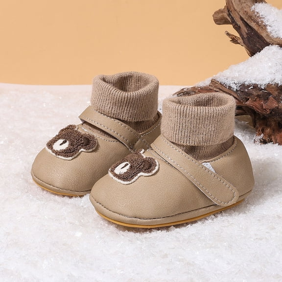 Baby Toddler Girls Khaki Winter Snow Boots Plush Lined Short Tube Bear Print Non-Slip Sole Magic Strap