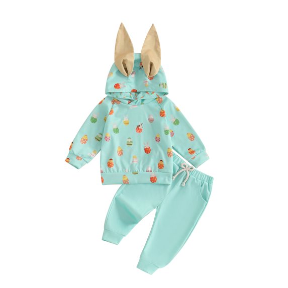 Baby Toddler Girls Pants Clothing Set, 6 12 18 24 Months 2T 3T Long Sleeve Hooded Rabbit/Eggs Print Sweatshirt with Pants Easter Outfits