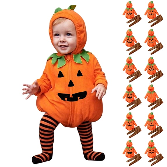 Baby Toddler Girls Pumpkin Long Sleeve Hooded Romper Bodysuit and Long Pants Two Piece Set Unisex Halloween Girls Outfit Party Dress up Clothes Size 6-24M