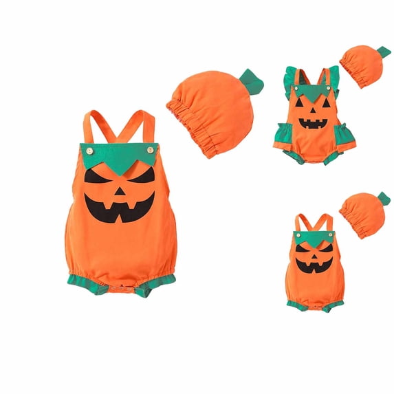 Baby Toddler Girls Pumpkin Unisex Sleeveless Pumpkin Romper Bodysuit with Hats Two Piece Set Kids Halloween Dress up Party Clothes Size 6-24M