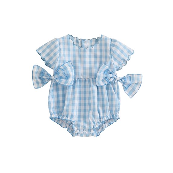 Baby Toddler Girls Romper, 3 6 12 18 Months Short Sleeve Crew Neck Plaid Bow Infant Bodysuit Summer Clothes