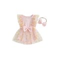 thumbnail image 1 of Baby Toddler Girls Rompers Dress 3 6 12 18 24 Months Round Neck Daisy Print Mesh Skirt Hem Infant Bodysuits Jumpsuits with Headband, 1 of 9