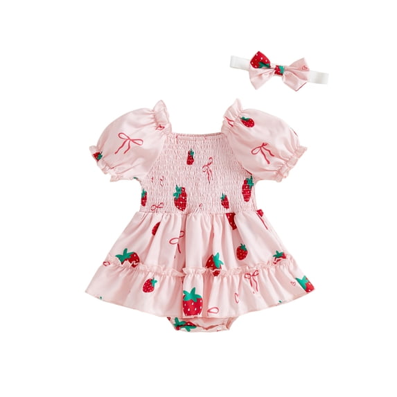Baby Toddler Girls Rompers Dress 3 6 9 12 18 Months Strawberry Print Short Sleeve Skirt Hem Infant Bodysuits Jumpsuits with Headband