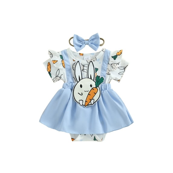 Baby Toddler Girls Rompers Dress Easter Clothes 3 6 9 12 18 Months Short Sleeve Rabbit Carrot Embroidery Skirt Hem Bodysuits Jumpsuits with Headband