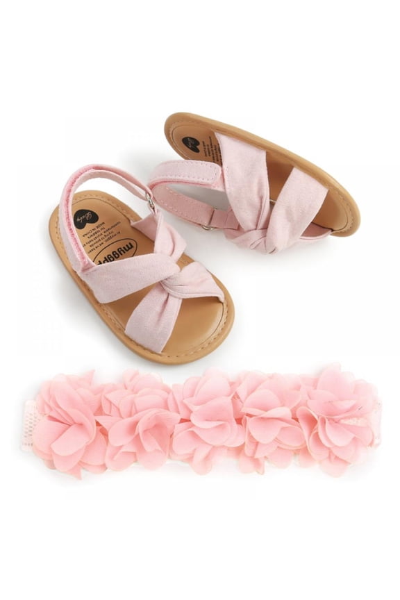 Baby Toddler Girls Sandals Non Slip Rubber Soft Sole Breathable Toddler First Walker Crib Summer Shoes Free Headband