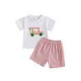 thumbnail image 1 of Baby Toddler Girls Shorts Clothing Set, 0 6 12 18 24 Months 2T 3T Short Sleeve Embroidery Car T-shirt with Plaid Shorts Summer 2-piece Outfit, 1 of 9