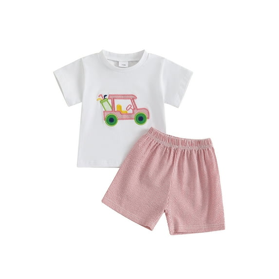 Baby Toddler Girls Shorts Clothing Set, 0 6 12 18 24 Months 2T 3T Short Sleeve Embroidery Car T-shirt with Plaid Shorts Summer 2-piece Outfit