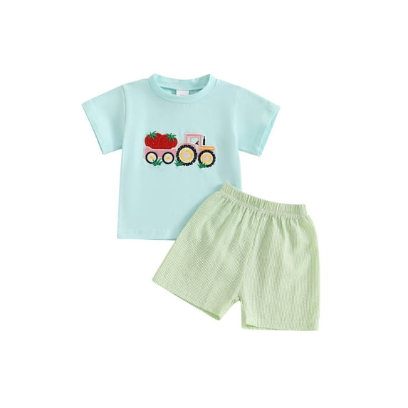 Baby Toddler Girls Shorts Clothing Set, 0 6 12 18 24 Months 2T 3T Short Sleeve Embroidery Tractor Strawberry T-shirt with Plaid Shorts Summer 2-piece Outfit