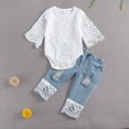 thumbnail image 1 of Baby Toddler Girls Summer Clothes Set 3 6 12 18 24 Months Lace Hollow Out Long Sleeve Romper + Ripped Patchwork Jeans Infant Cute 2Pcs Outfits, 1 of 8