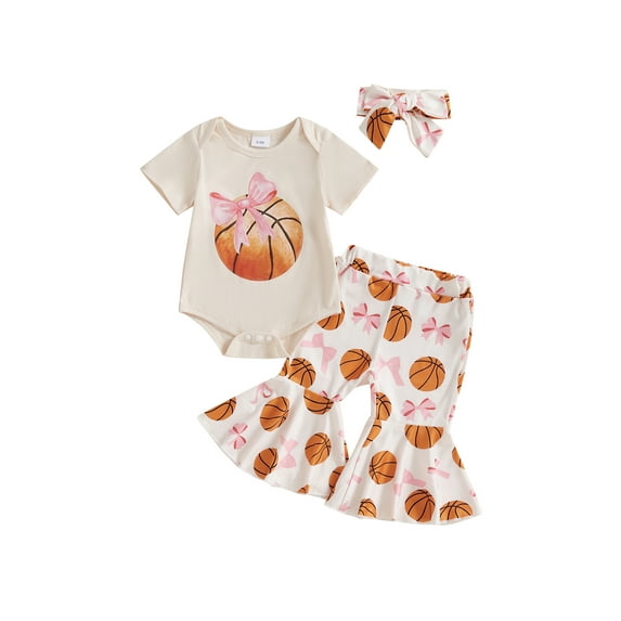 Baby Toddler Girls Summer Clothes Set 3 6 12 18 Months Short Sleeve Round Neck Romper with Basketball Print Flare Pants and Headband