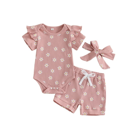 Baby Toddler Girls Summer Outfit 3 6 12 18 Months Short Sleeve Romper + Floral Elastic Waist Shorts + Headband Set Infant Clothes