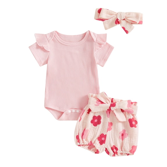 Baby Toddler Girls Summer Outfit 3 6 12 18 Months Short Sleeve Romper + Tie Front Shorts + Headband Set Infant Clothes